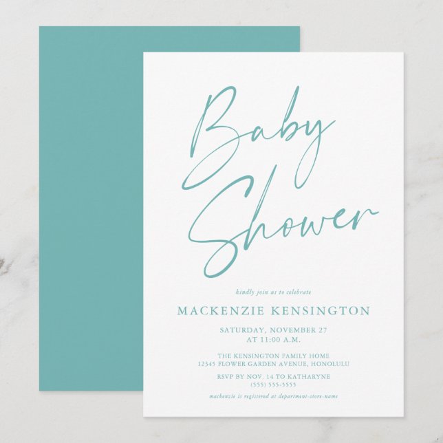 Invitación Moderno guión Verde azulado azul simple Baby Showe (Anverso / Reverso)