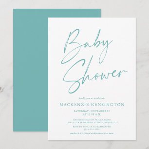 Invitación Moderno guión Verde azulado azul simple Baby Showe