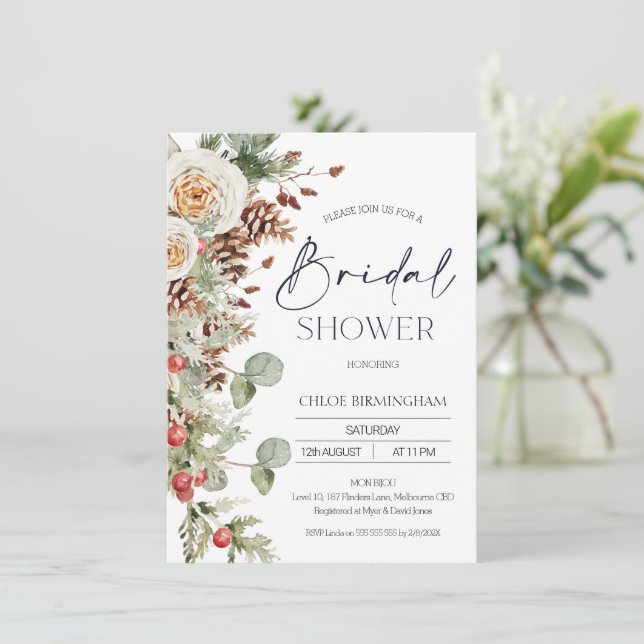 Invitación Moderno invierno Floral Pine Cone Bridal Shower (Anverso de pie)
