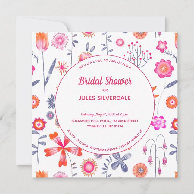Invitación Moderno jardín de flores rosadas ducha de novia (Anverso)