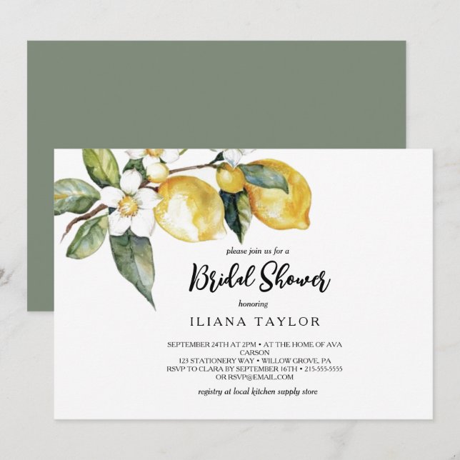 Invitación Moderno Jardín de limón Ducha de novia horizontal (Anverso / Reverso)