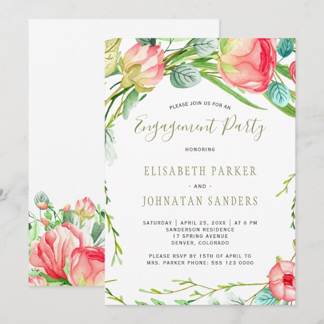 Invitación Moderno jardín elegante rosas fiesta de compromiso (Anverso / Reverso)