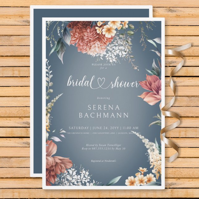 Invitación Moderno Jardín romántico Floral Azul Bridal Ducha (Modern Romantic Garden Floral Bridal Shower Invitation)