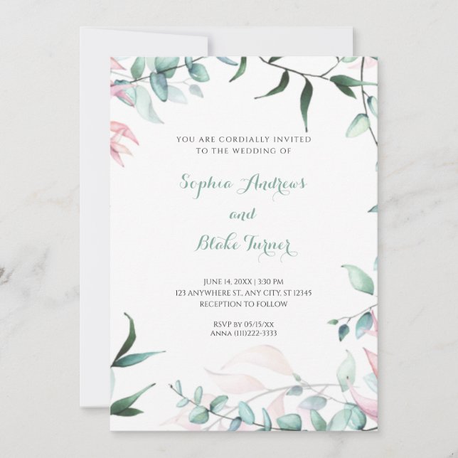 Invitación moderno jardín verde y rosa deja Boda (Anverso)