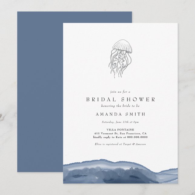 Invitación Moderno Jellyfish Watercolor Beach Bridal Shower (Anverso / Reverso)