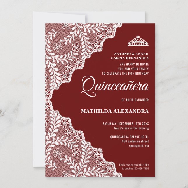 Invitación Moderno Lace Floral Blanco Borgoña Quinceanera (Anverso)
