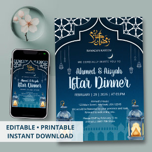 Invitación Moderno Lantern de Iftar Azul Medianoche y Dorado
