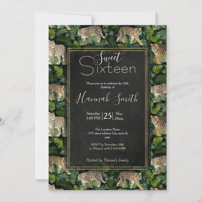 Invitación Moderno Leopards Tigers Jungle Planta Black Design (Anverso)
