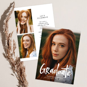 Invitación Moderno Lettering Simple 3 Photo Graduation Party