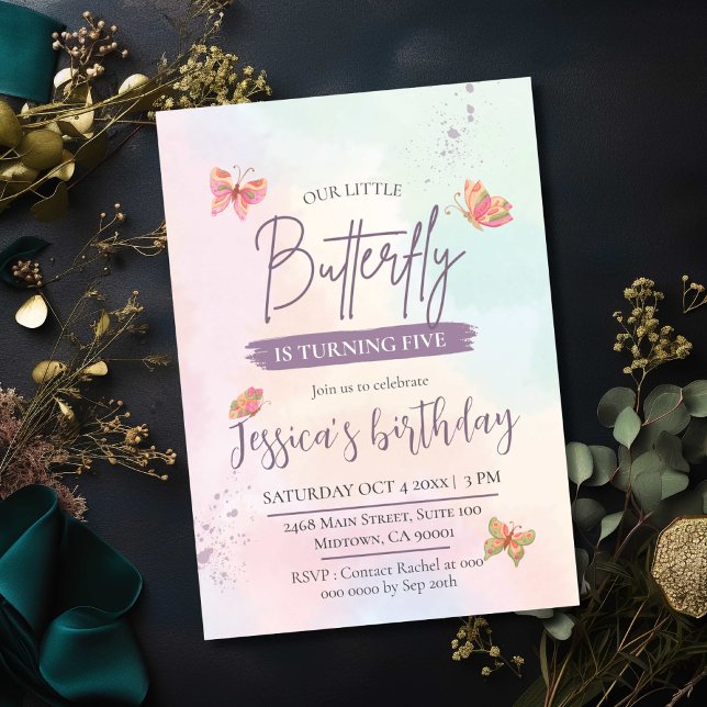 Invitación Moderno lindo y elegante tema de mariposa 5 años (Subido por el creador)