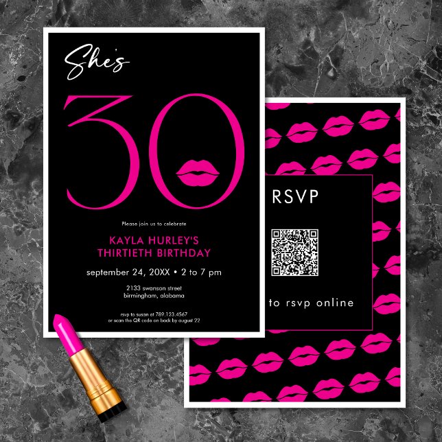 Invitación Moderno Lips Mínimas de Rosa, ella cumple 30 años  (Modern Minimal Pink Lips She's Thirty Birthday QR Invitation)
