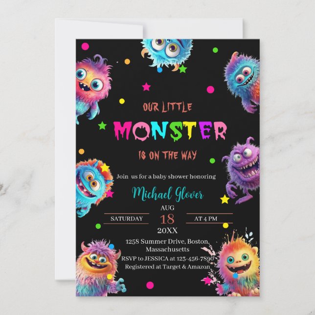 Invitación Moderno Little Monsters Watercolor ducha bebé (Anverso)