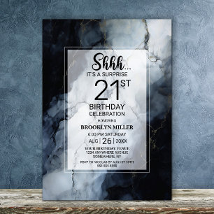 Invitación Moderno Marble Negro Sorpresa 21 Fiesta de cumplea