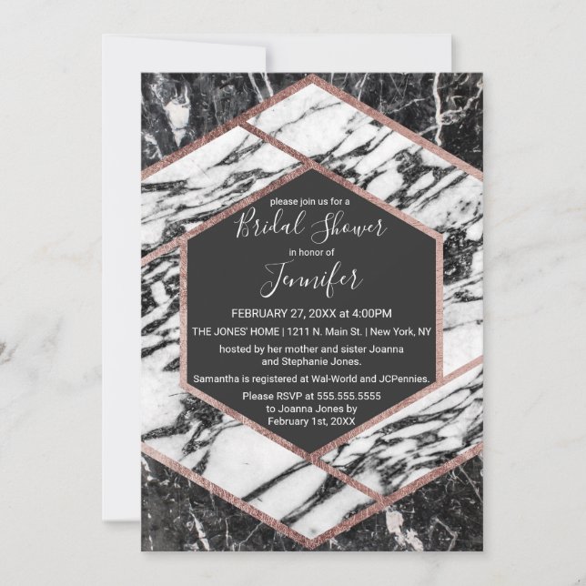 Invitación Moderno Marble Rosa Gold Trim Hexagon Bridal Showe (Anverso)