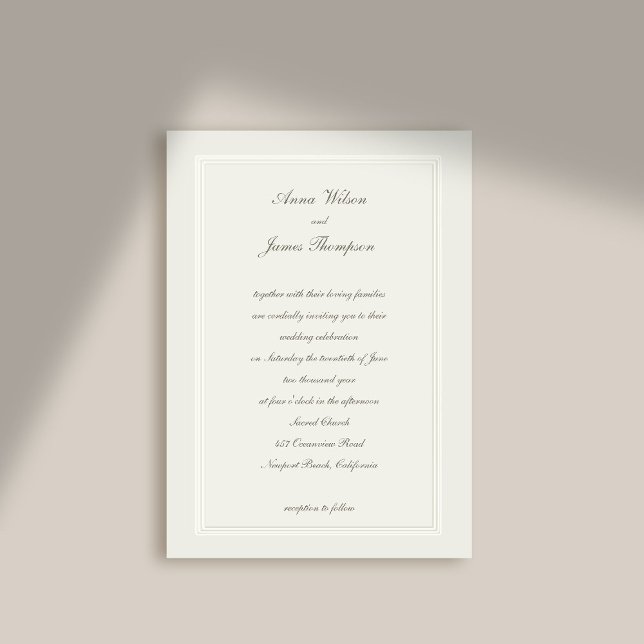 Invitación Moderno Marco Clásico Elegante Ecru Formal Boda (formal wedding invitation modern classic ecru double frame faux embossed calligraphy elegant stately)
