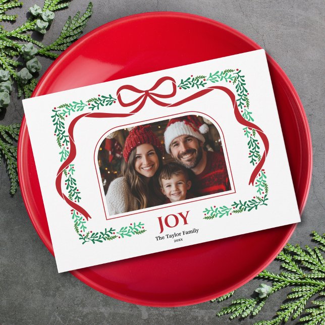 Invitación Moderno marco de fotos de Navidades de Alegría de  (christmas red bow and greenery arch photo frame)