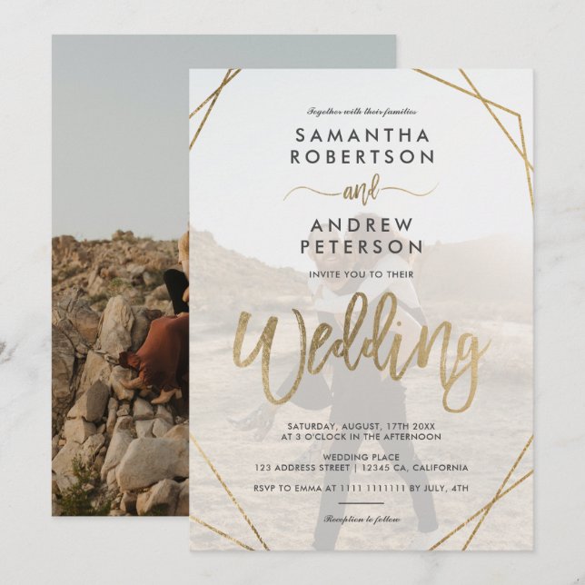 Invitación Moderno marco de oro boda de guión de foto simple (Anverso / Reverso)