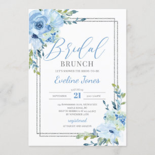 Invitación Moderno marco de plata floral azul Boho Bridal bru