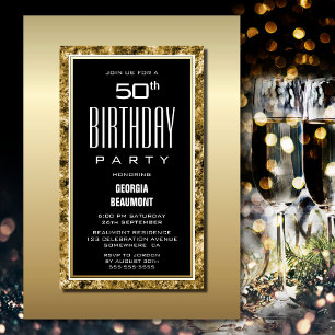 Invitación Moderno marco dorado Black 50th Birthday Party