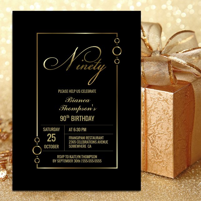 Invitación Moderno marco dorado Black 90th Birthday Party (Subido por el creador)