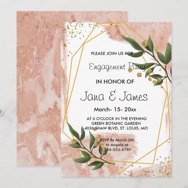 Invitación Moderno Marco dorado Marfil Compromiso floral verd (Anverso / Reverso)