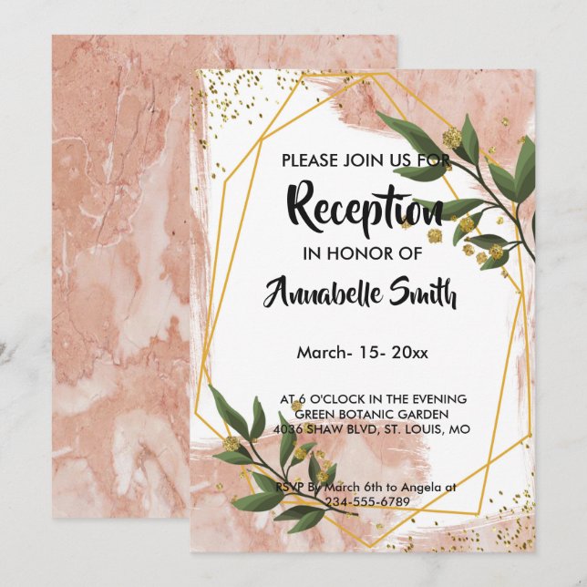 Invitación Moderno Marco dorado Marfil Verde Floral Recepción (Anverso / Reverso)