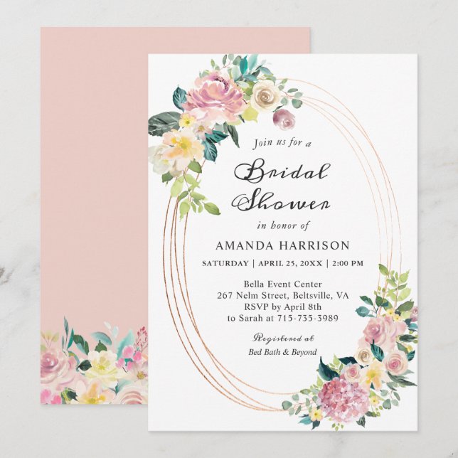 Invitación Moderno marco ovalado Pastel Floral Bridal Ducha (Anverso / Reverso)