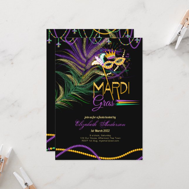 Invitación Moderno MARDI GRAS Feathers Colas de máscara ocula (Anverso/Reverso In Situ)
