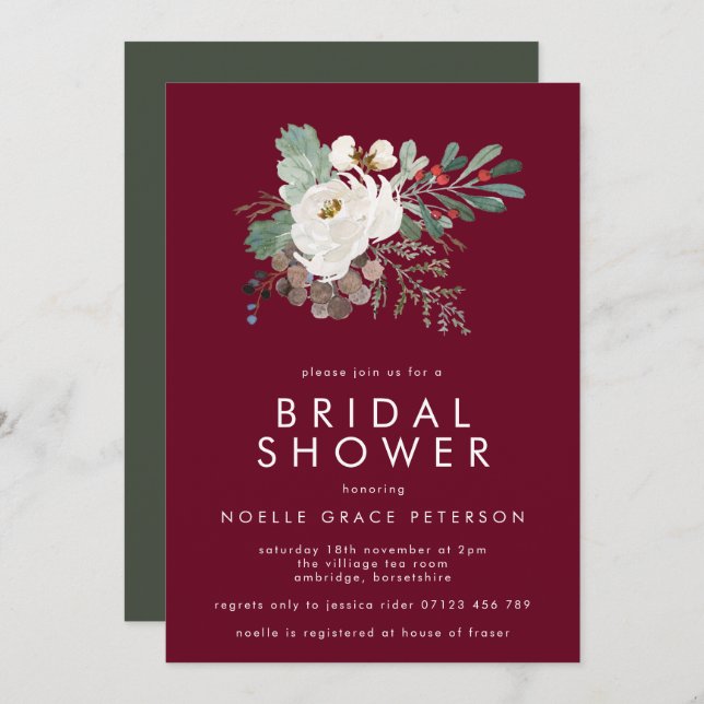 Invitación Moderno Marsala Winter Floral Bouquet Bridal Showe (Anverso / Reverso)