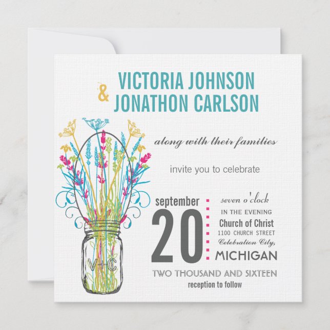 Invitación Moderno Mason Jar Aqua Yellow Lime Pink Floral (Anverso)