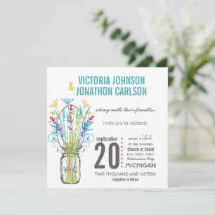 Invitación Moderno Mason Jar Aqua Yellow Lime Pink Floral