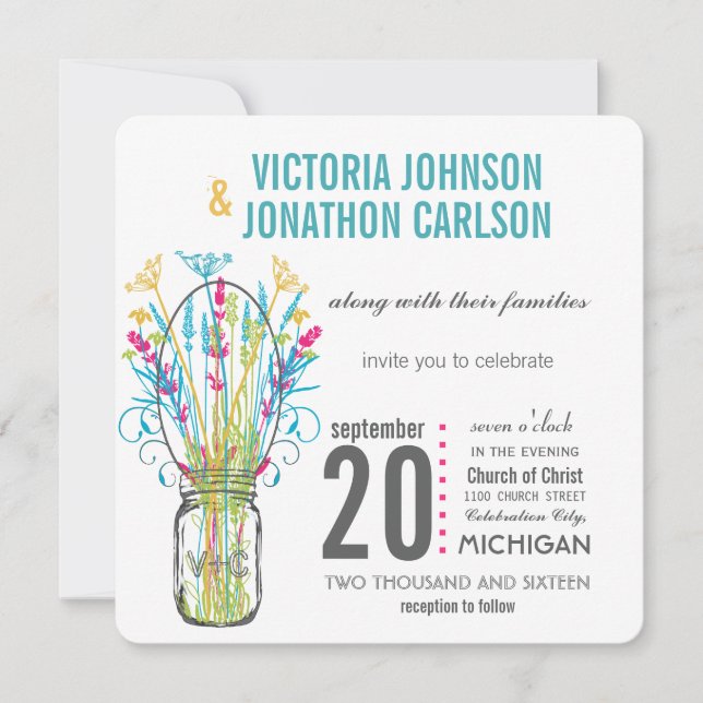 Invitación Moderno Mason Jar Aqua Yellow Lime Pink Floral (Anverso)