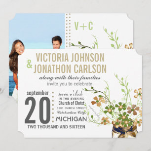 Invitación Moderno Mason Jar Bronze y Boda floral verde