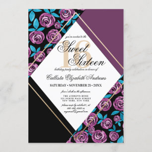 Invitación Moderno Mauve dorado color de agua de flores negra