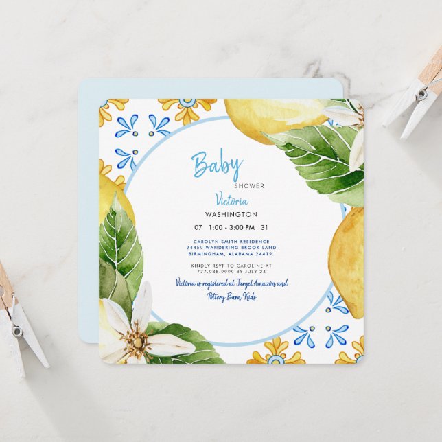 Invitación Moderno Mediterráneo Azul & Lemons Baby Shower Inv (Anverso/Reverso In Situ)