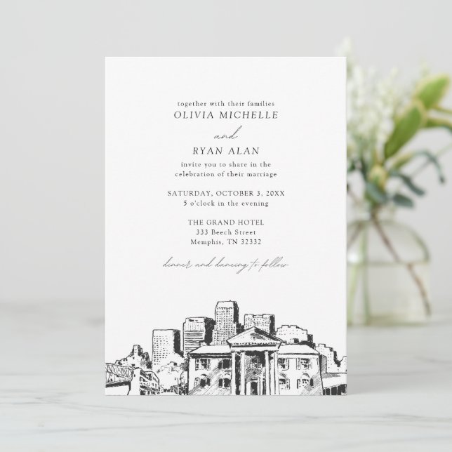 Invitación Moderno Memphis Skyline Boda blanco y negro (Anverso de pie)