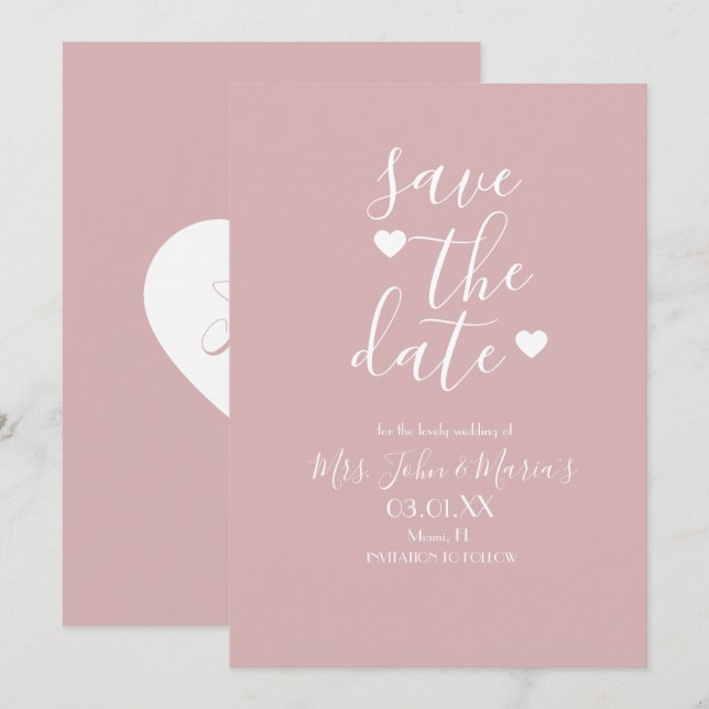 Invitación Moderno Minimal Blush con Corazones para Anunciar  (Anverso / Reverso)