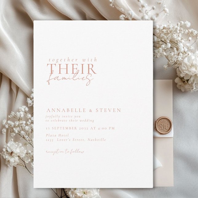 Invitación Moderno, minimalista, blanco, Boda (Modern, minimal, elegant, handwriting font, white + copper Wedding Invitation.)