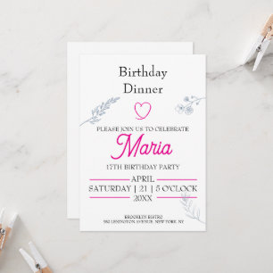 Invitación Moderno Minimalista Cena de Cumpleaños Corazón Ros
