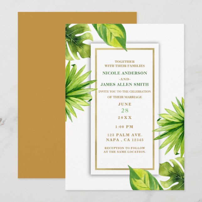 Invitación Moderno Minimalista Chic Hojas Verdes Tropicales B (Anverso / Reverso)