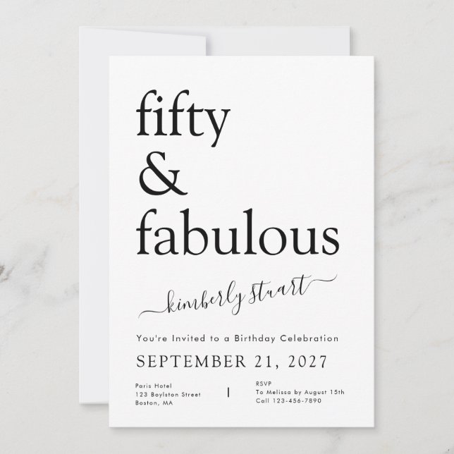 Invitación Moderno Minimalista Cumpleaños 50 en Blanco y Negr (Anverso)