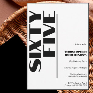 Invitación Moderno Minimalista Cumpleaños 65 Negro y Blanco