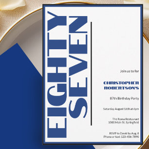 Invitación Moderno Minimalista Cumpleaños 87 Azul y Negro
