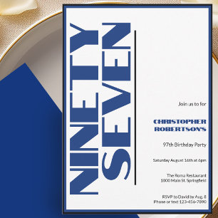 Invitación Moderno Minimalista Cumpleaños 97 Azul y Negro