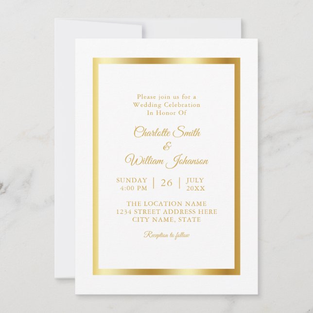 Invitación Moderno Minimalista elegante Boda dorado blanco (Anverso)