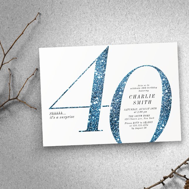 Invitación Moderno minimalista falso purpurina azul 40 cumple (Modern minimalist faux blue glitter 40th birthday invitation)