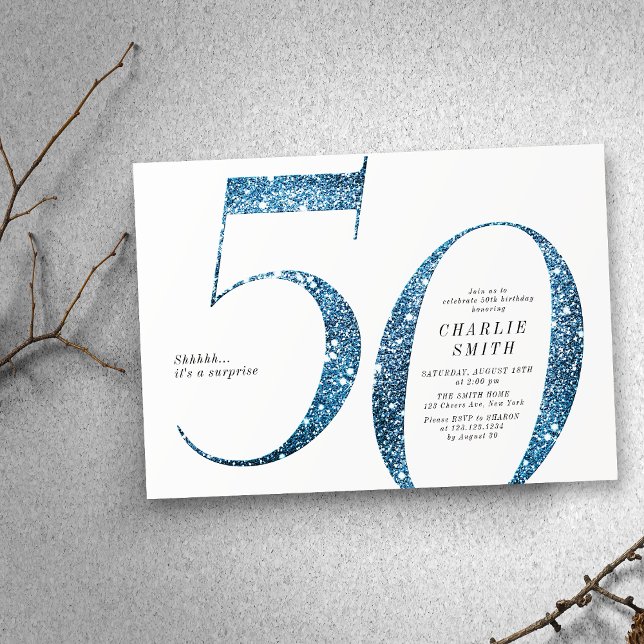 Invitación Moderno minimalista falso purpurina azul 50 cumple (Modern minimalist faux blue glitter 50th birthday invitation)