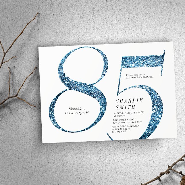 Invitación Moderno minimalista falso purpurina azul 85º cumpl (Modern minimalist faux blue glitter 85th birthday invitation)