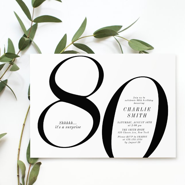 Invitación Moderno minimalista negro y blanco, cumpleaños 80 (Modern minimalist black and white 80th birthday invitation)