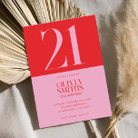 Invitación Moderno Minimalista Rojo Rosa 21 cumpleaños<br><div class="desc">Moderna invitación minimalista de 21 años con un diseño sencillo con elegante tipografía de moda en color rosa y rojo.</div>